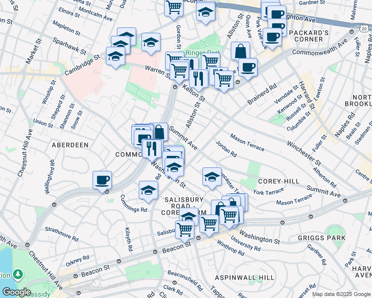 map of restaurants, bars, coffee shops, grocery stores, and more near 4 Woodstock Avenue in Boston