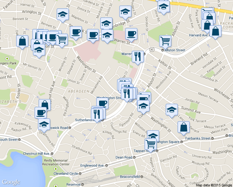 map of restaurants, bars, coffee shops, grocery stores, and more near 127 Washington Street in Boston