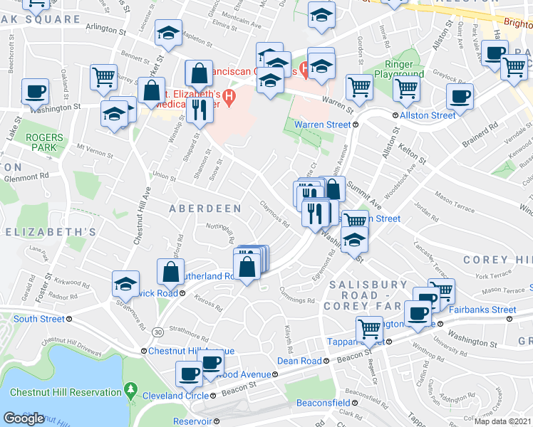 map of restaurants, bars, coffee shops, grocery stores, and more near 78 Claymoss Road in Boston