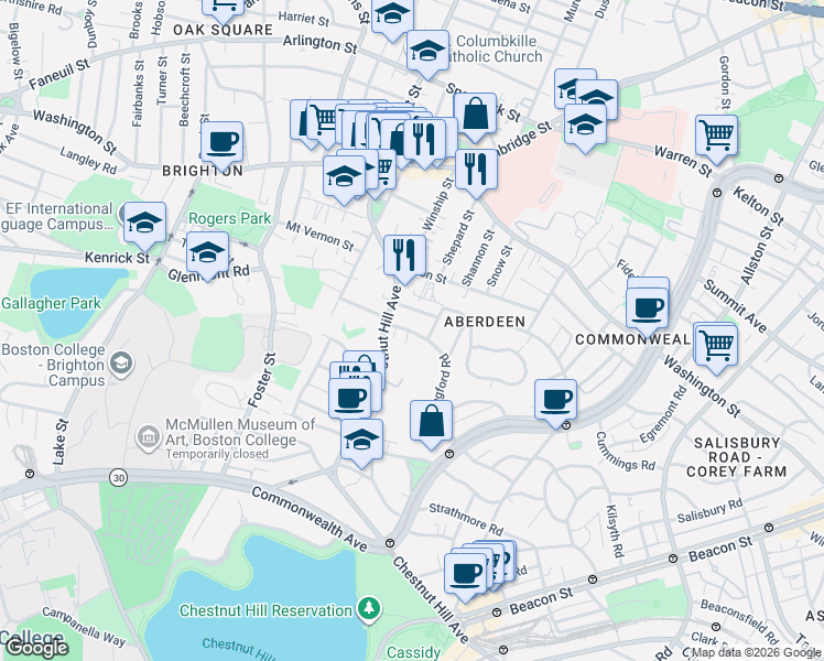 map of restaurants, bars, coffee shops, grocery stores, and more near 8 Priscilla Road in Boston