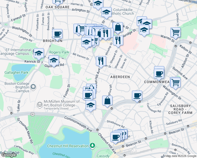 map of restaurants, bars, coffee shops, grocery stores, and more near 8 Priscilla Road in Boston