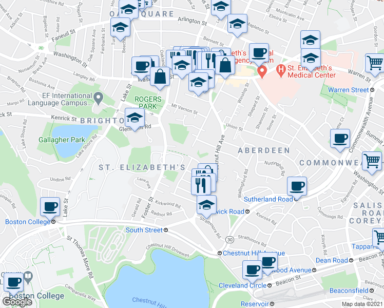 map of restaurants, bars, coffee shops, grocery stores, and more near 127 Academy Hill Road in Boston