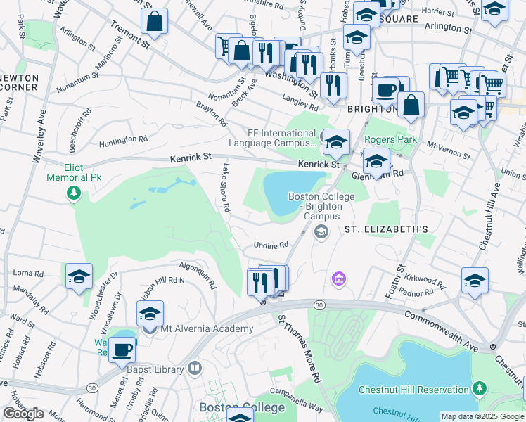 map of restaurants, bars, coffee shops, grocery stores, and more near 144 Kenrick Street in Boston