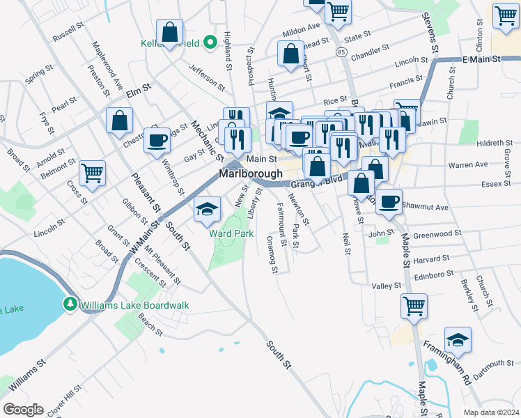 map of restaurants, bars, coffee shops, grocery stores, and more near 25 Fairmount Street in Marlborough