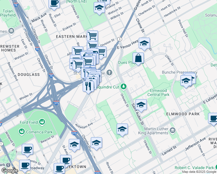 map of restaurants, bars, coffee shops, grocery stores, and more near 2102 Orleans Street in Detroit