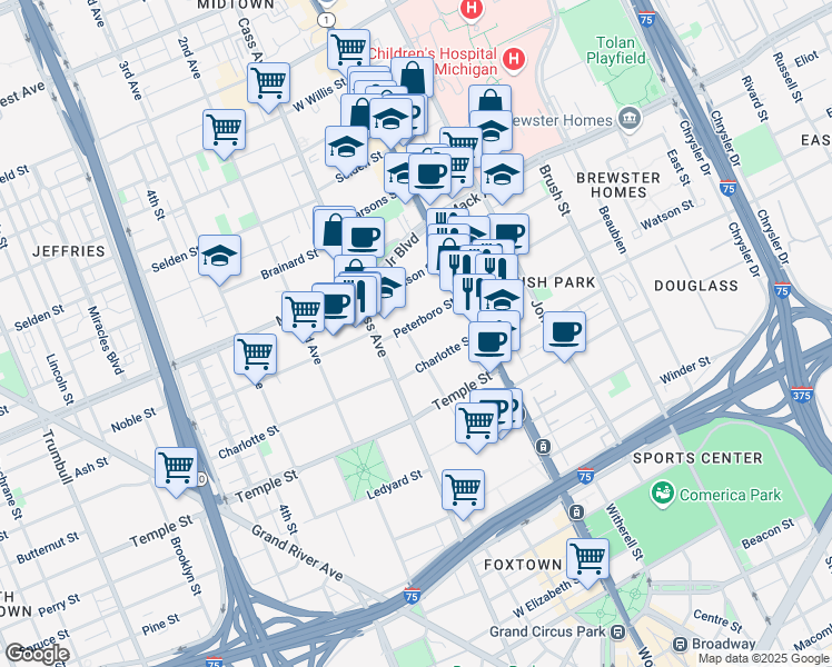 map of restaurants, bars, coffee shops, grocery stores, and more near 58 Peterboro Street in Detroit