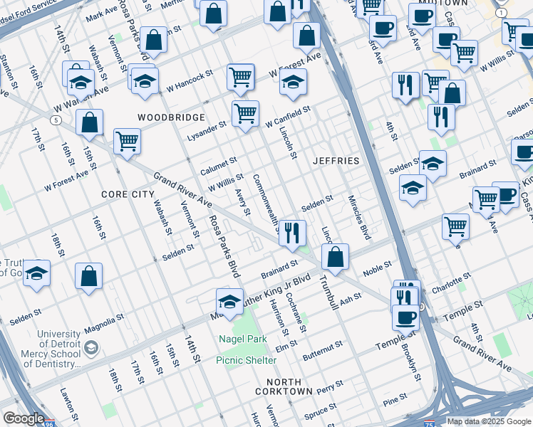 map of restaurants, bars, coffee shops, grocery stores, and more near 3977 Commonwealth Street in Detroit