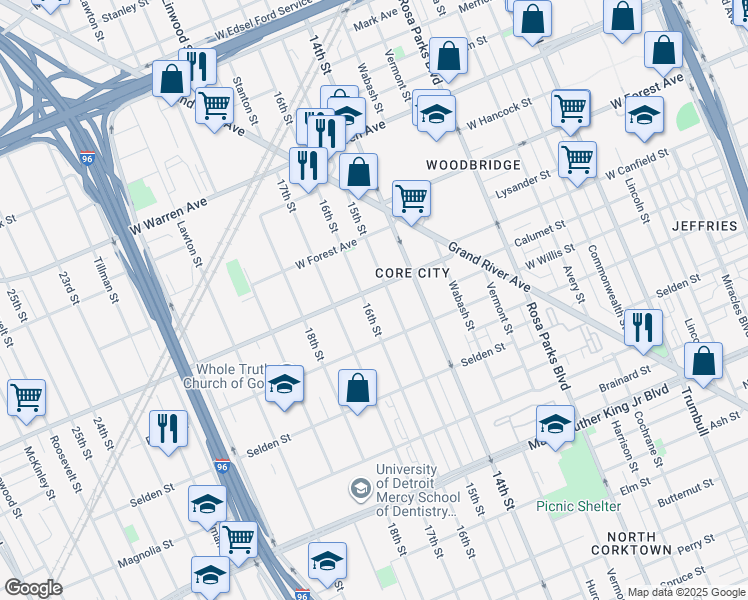 map of restaurants, bars, coffee shops, grocery stores, and more near 4434 16th Street in Detroit