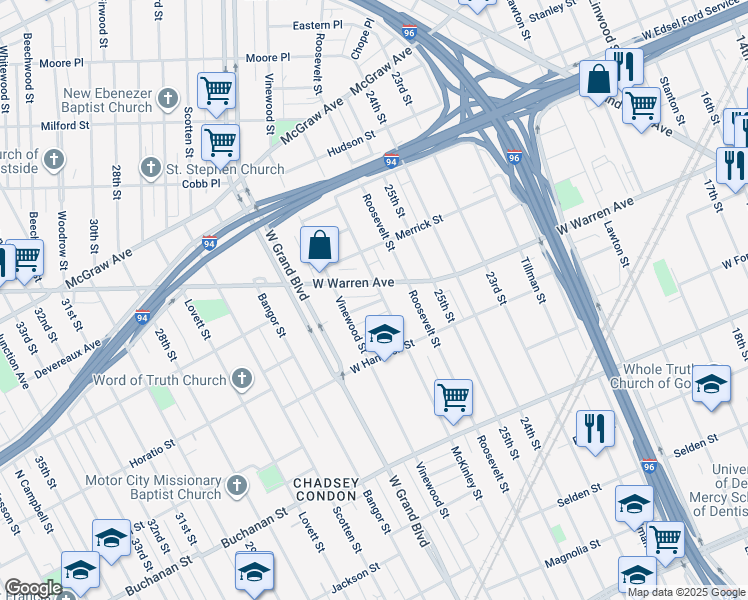 map of restaurants, bars, coffee shops, grocery stores, and more near 3800 West Warren Avenue in Detroit