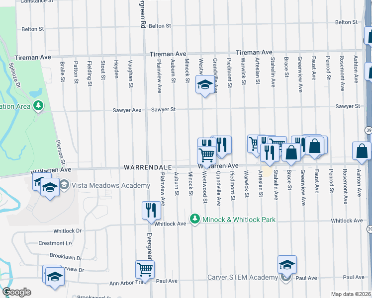 map of restaurants, bars, coffee shops, grocery stores, and more near 7325 Minock Street in Detroit