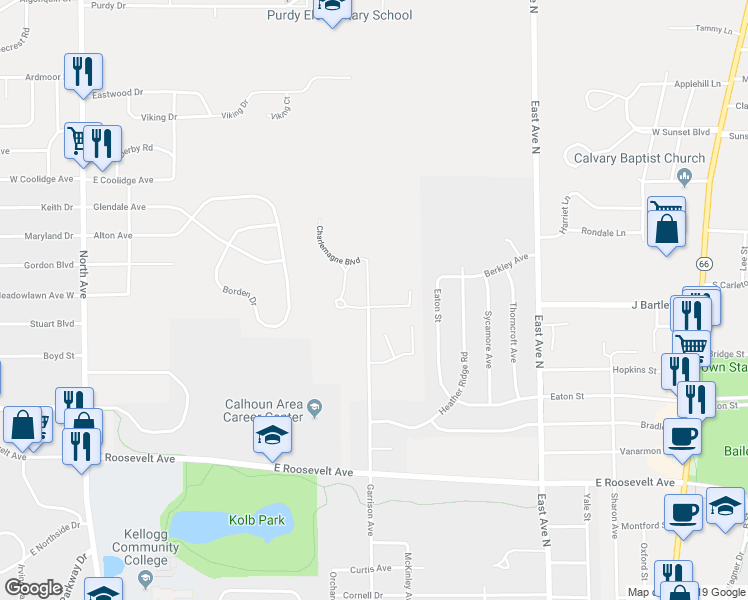 map of restaurants, bars, coffee shops, grocery stores, and more near 647 Eiffel Drive in Battle Creek