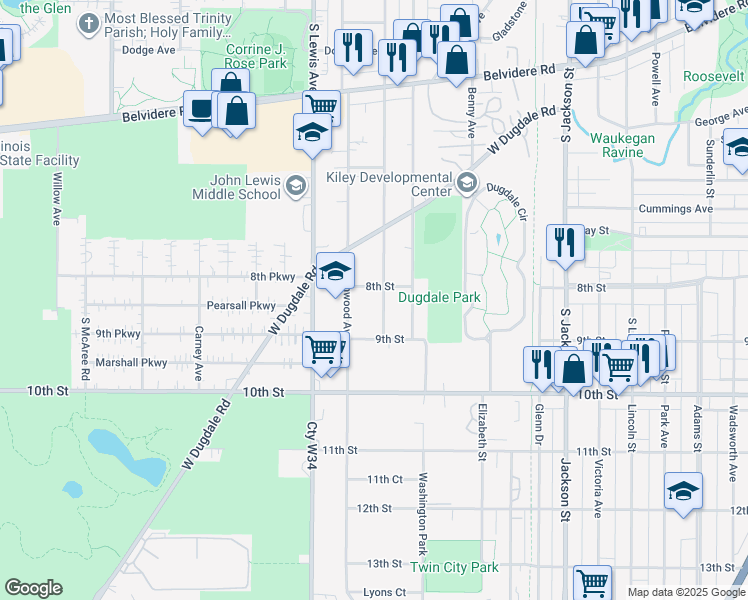map of restaurants, bars, coffee shops, grocery stores, and more near 1714 8th Street in Waukegan