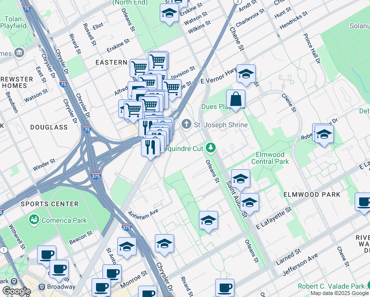 map of restaurants, bars, coffee shops, grocery stores, and more near 2102 Orleans Street in Detroit