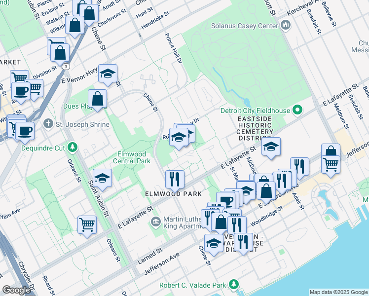 map of restaurants, bars, coffee shops, grocery stores, and more near 2715 Macomb Street in Detroit