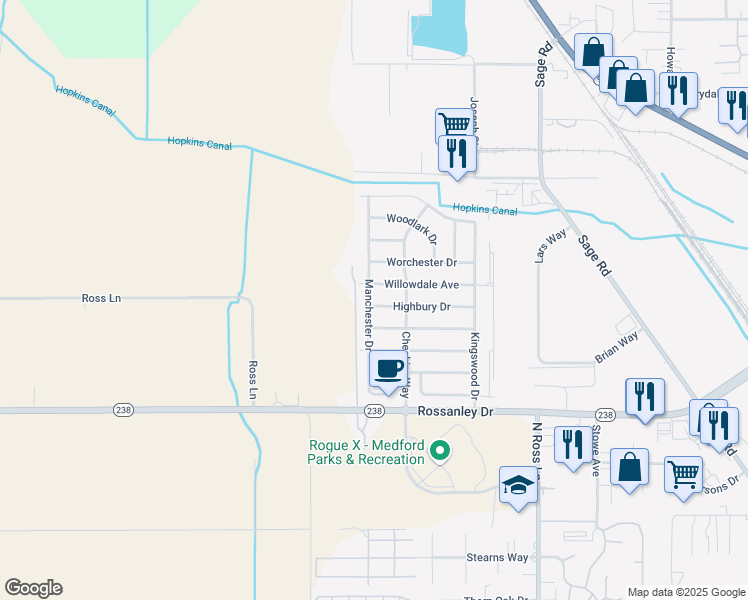 map of restaurants, bars, coffee shops, grocery stores, and more near 1030 Highbury Drive in Medford