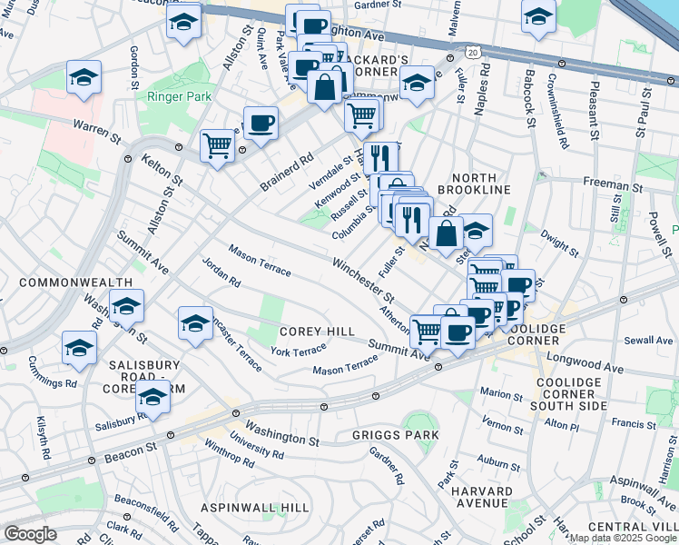 map of restaurants, bars, coffee shops, grocery stores, and more near 12 Thorndike Street in Brookline