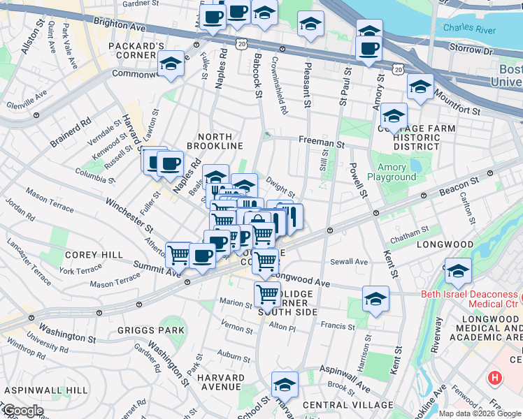 map of restaurants, bars, coffee shops, grocery stores, and more near 50 Green Street in Brookline