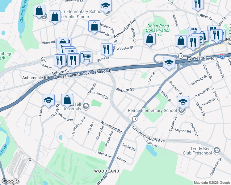 map of restaurants, bars, coffee shops, grocery stores, and more near 1881 Commonwealth Avenue in Newton