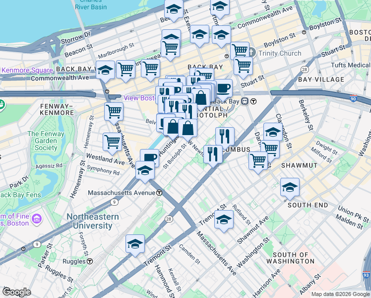 map of restaurants, bars, coffee shops, grocery stores, and more near 112 Saint Botolph Street in Boston