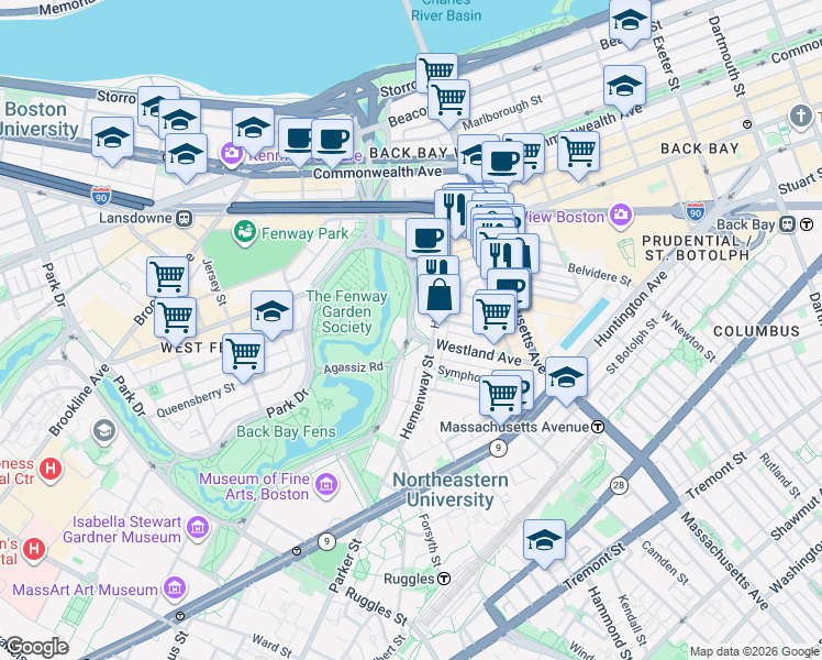 map of restaurants, bars, coffee shops, grocery stores, and more near Fenway & Westland Ave in Boston