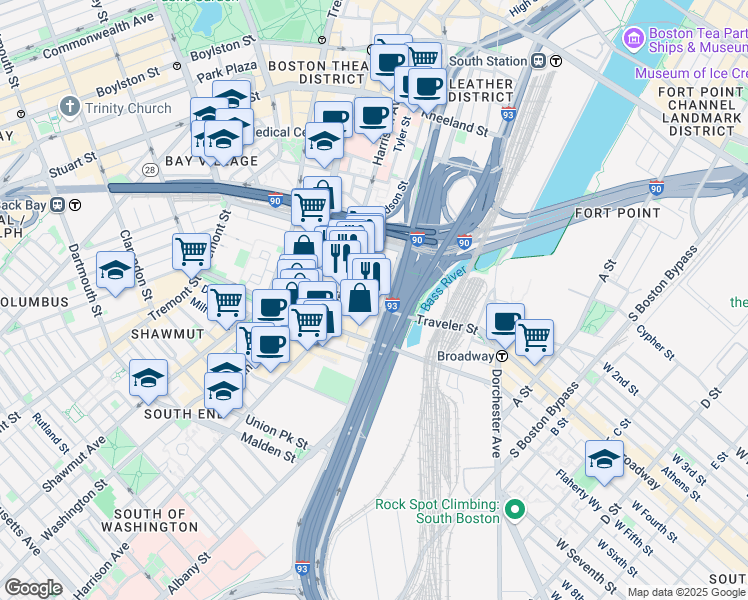 map of restaurants, bars, coffee shops, grocery stores, and more near 348 Harrison Avenue in Boston