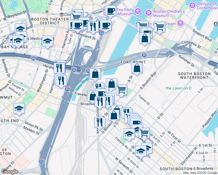 map of restaurants, bars, coffee shops, grocery stores, and more near 1 Gillette Park in Boston
