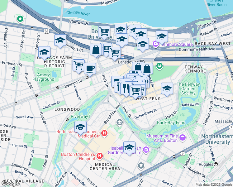 map of restaurants, bars, coffee shops, grocery stores, and more near 401 Park Drive in Boston