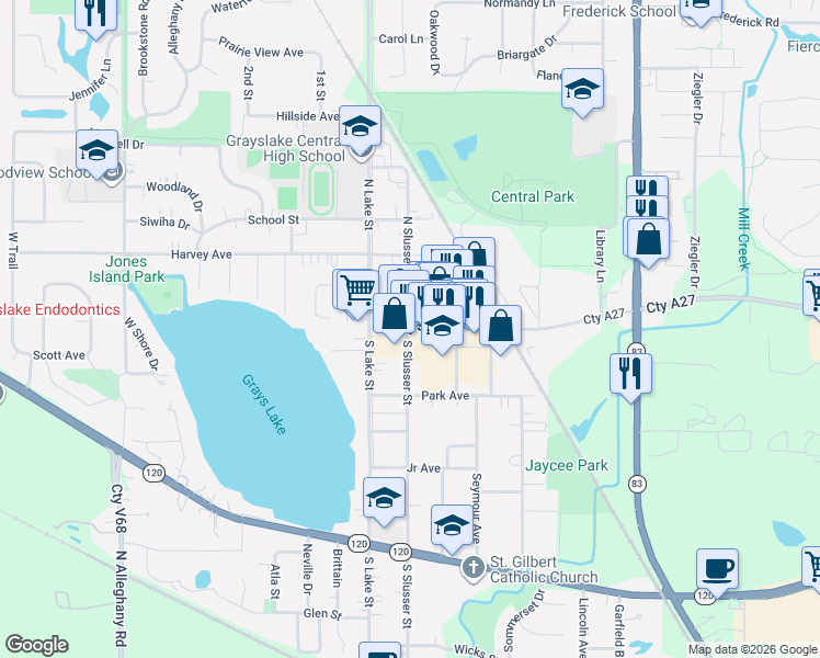 map of restaurants, bars, coffee shops, grocery stores, and more near 82 Cty A27 in Grayslake