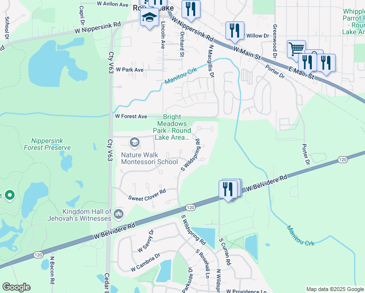 map of restaurants, bars, coffee shops, grocery stores, and more near 211 Tanglewood Court in Round Lake