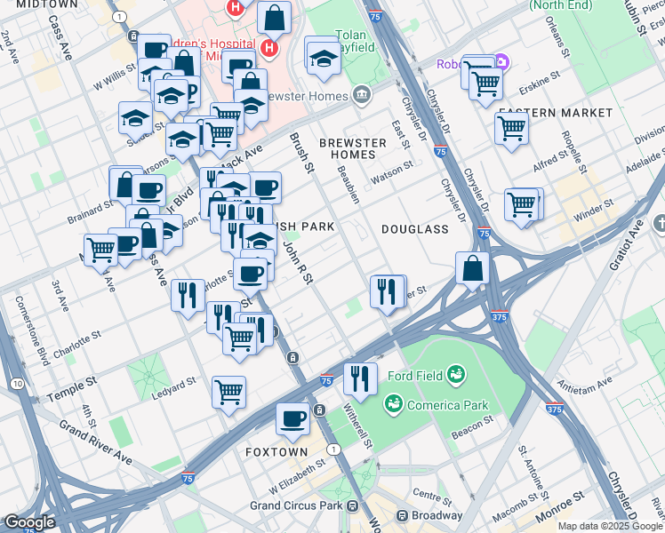 map of restaurants, bars, coffee shops, grocery stores, and more near 261 Alfred Street in Detroit