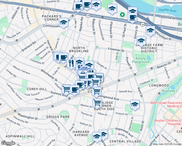 map of restaurants, bars, coffee shops, grocery stores, and more near 51 John Street in Brookline