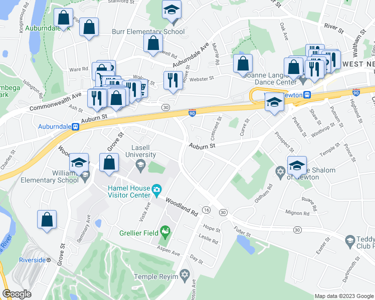 map of restaurants, bars, coffee shops, grocery stores, and more near 1881 Commonwealth Avenue in Newton
