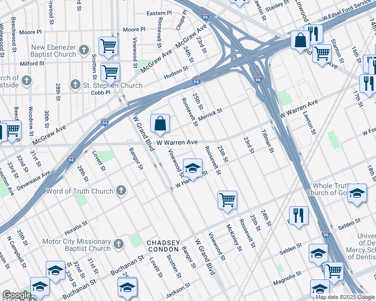 map of restaurants, bars, coffee shops, grocery stores, and more near 3800 West Warren Avenue in Detroit