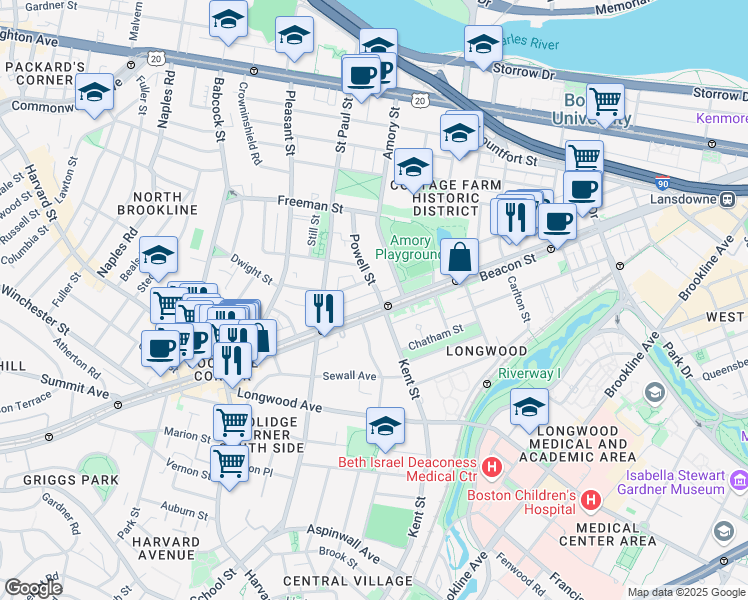 map of restaurants, bars, coffee shops, grocery stores, and more near 21 Powell Street in Brookline
