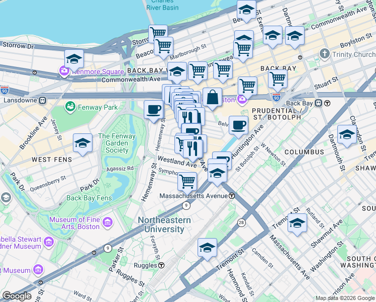 map of restaurants, bars, coffee shops, grocery stores, and more near Edgerly Rd & Burbank St in Boston
