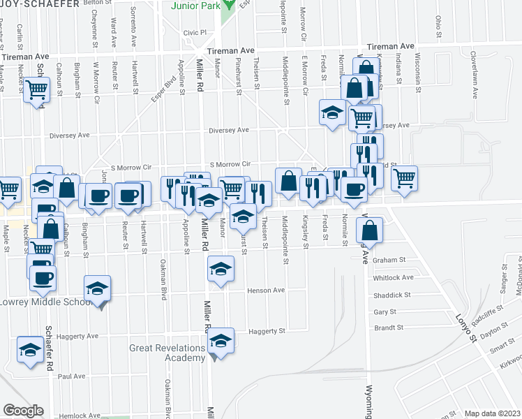 map of restaurants, bars, coffee shops, grocery stores, and more near West Warren Avenue in Detroit