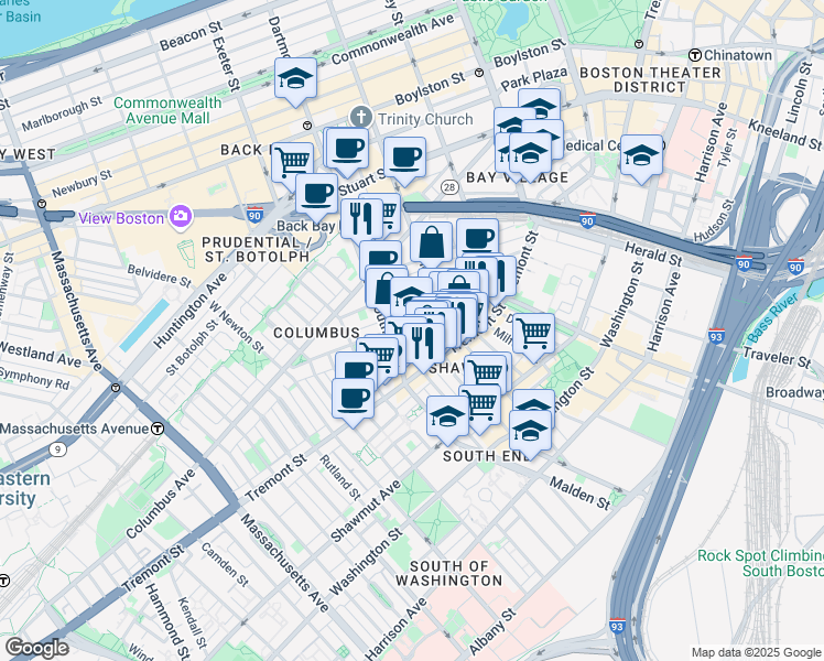 map of restaurants, bars, coffee shops, grocery stores, and more near 90 Warren Avenue in Boston