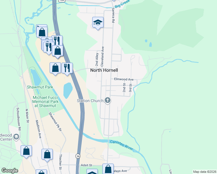 map of restaurants, bars, coffee shops, grocery stores, and more near 380 Seneca Road in Hornell