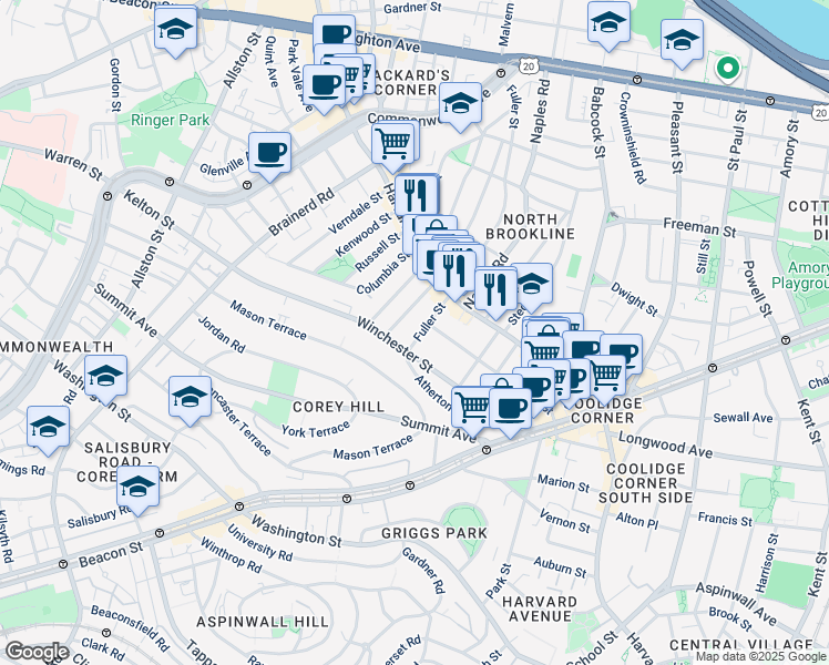 map of restaurants, bars, coffee shops, grocery stores, and more near 31 Coolidge Street in Brookline