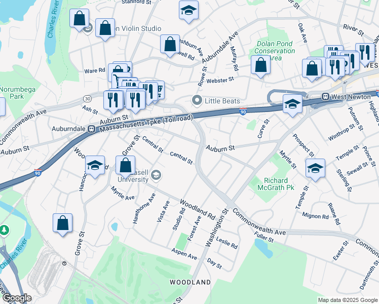 map of restaurants, bars, coffee shops, grocery stores, and more near 174 Auburn Street in Newton