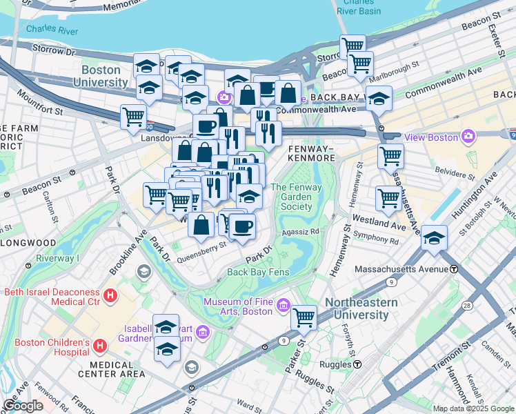 map of restaurants, bars, coffee shops, grocery stores, and more near in Boston