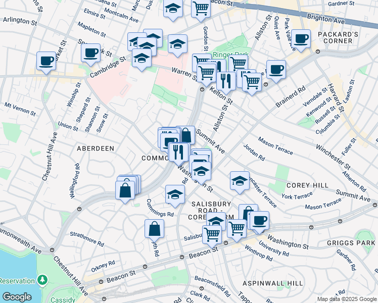 map of restaurants, bars, coffee shops, grocery stores, and more near 1542 Commonwealth Avenue in Boston
