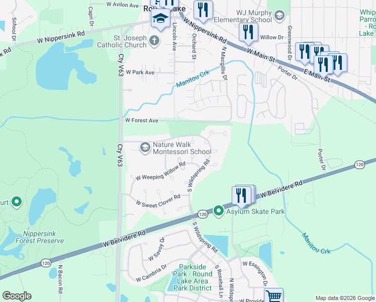 map of restaurants, bars, coffee shops, grocery stores, and more near 165 Osage Court in Round Lake