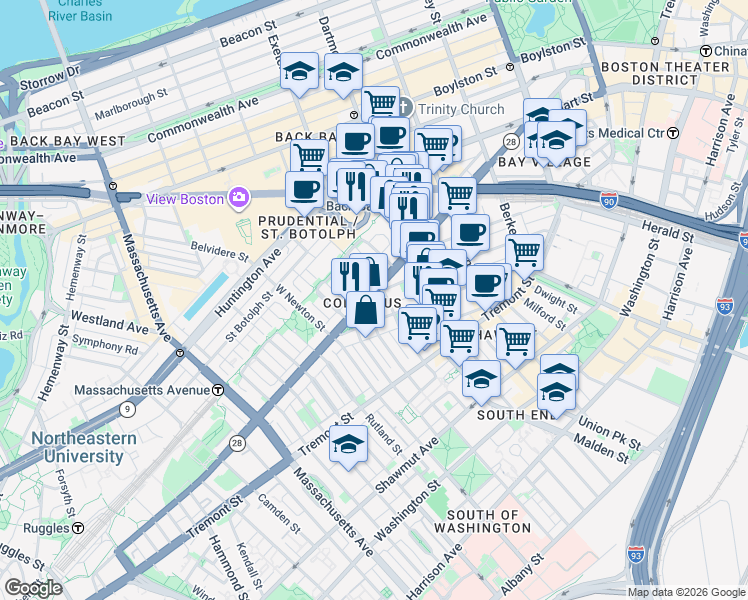 map of restaurants, bars, coffee shops, grocery stores, and more near 376-376A Columbus Avenue in Boston