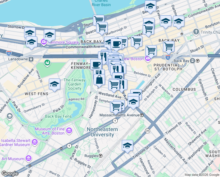 map of restaurants, bars, coffee shops, grocery stores, and more near Burbank Street in Boston
