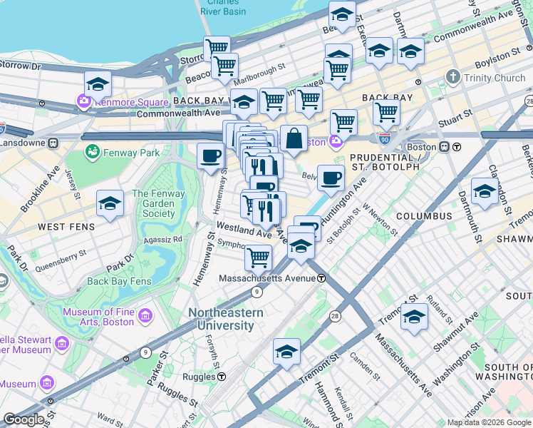 map of restaurants, bars, coffee shops, grocery stores, and more near 216 Massachusetts Avenue in Boston