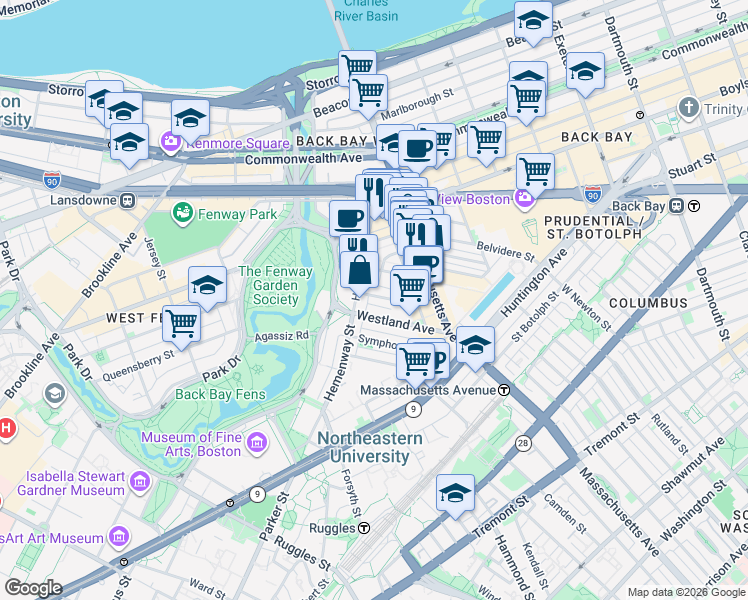 map of restaurants, bars, coffee shops, grocery stores, and more near 70 Burbank Street in Boston