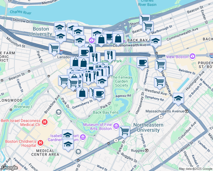 map of restaurants, bars, coffee shops, grocery stores, and more near in Boston