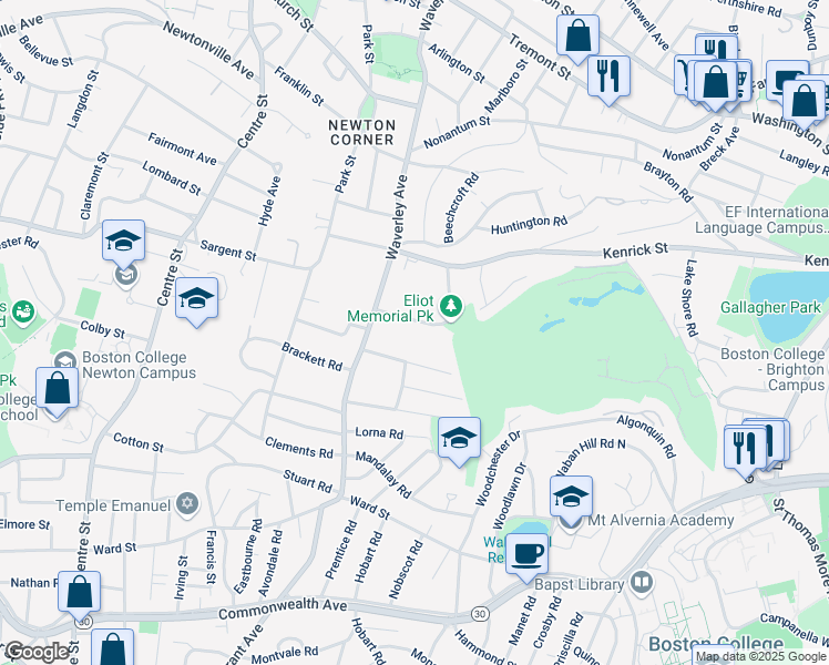 map of restaurants, bars, coffee shops, grocery stores, and more near 25 Eliot Memorial Road in Newton
