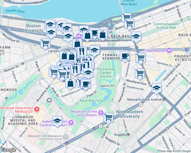 map of restaurants, bars, coffee shops, grocery stores, and more near in Boston